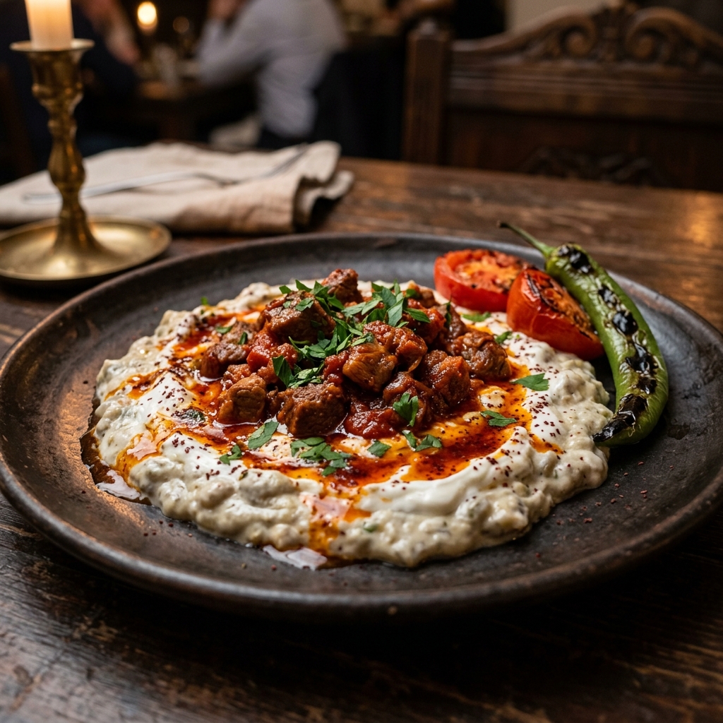 Ali Nazik (Smoky Eggplant Purée with Sautéed Meat)